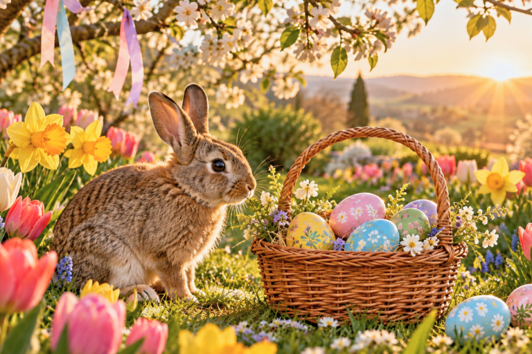 Rabbit beside a basket of painted Easter eggs, surrounded by tulips and daffodils in a sunlit garden.