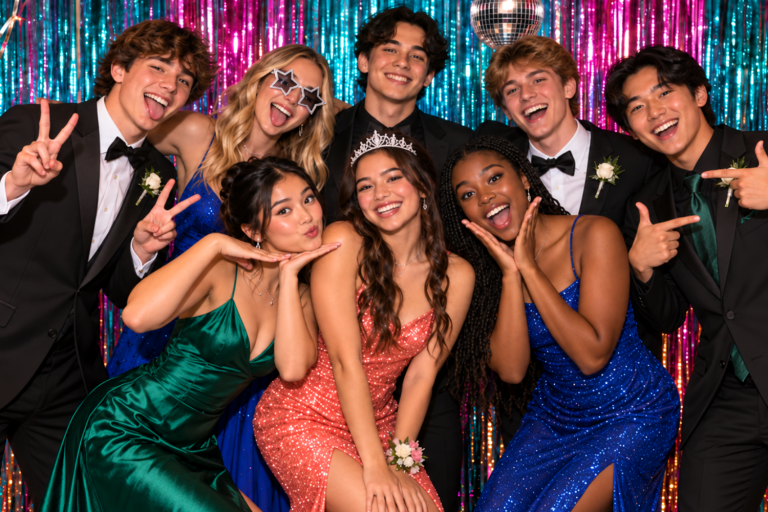 Eight high school friends making playful poses at a colorful prom photo booth with a shimmering fringe backdrop.