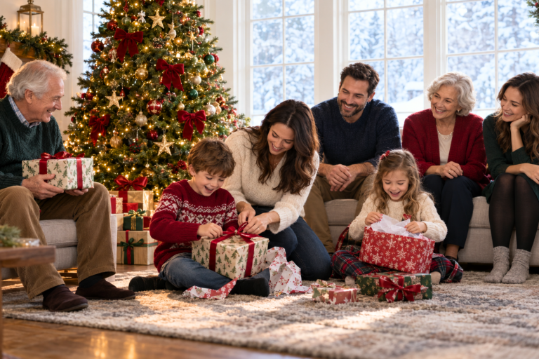 Seven family members watching two children open Christmas gifts beside a decorated tree in a cozy living room.