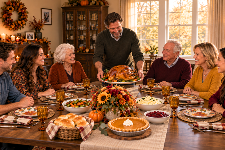 Family members gather around a Thanksgiving table as one person presents a roasted turkey.