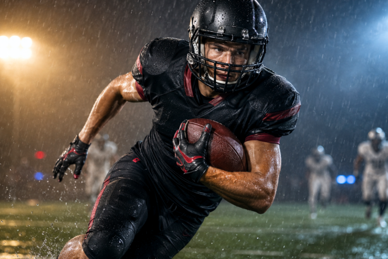 American football player runs with the ball across a rain-soaked field under bright stadium lights.