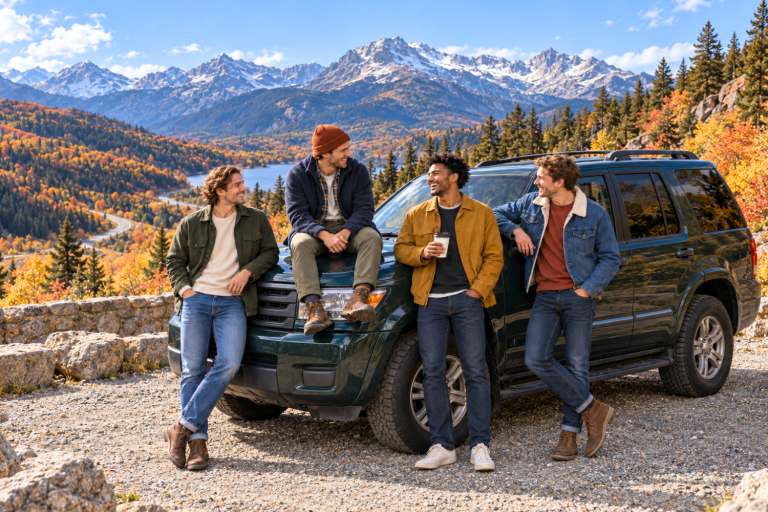 Four young men taking a road-trip break beside a dark-green SUV at an autumn mountain overlook