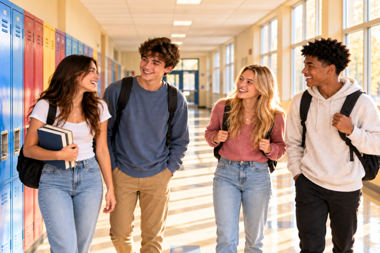 Four high school seniors laugh together in a sunlit hallway beside colorful lockers, while one carries books.