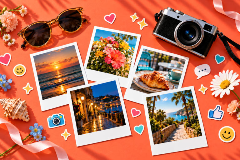 Five instant photos surrounded by colorful emoji stickers, flowers, sunglasses, and a camera on a coral tabletop.