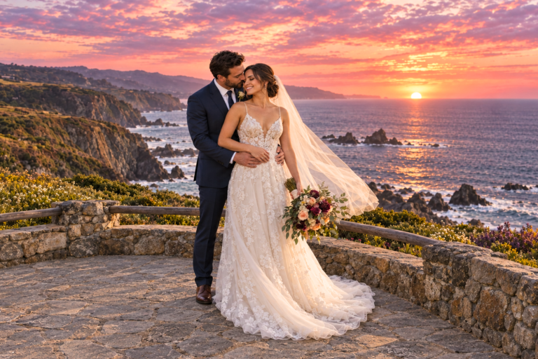 Newlywed couple posing on a spacious stone overlook above the ocean at sunset
