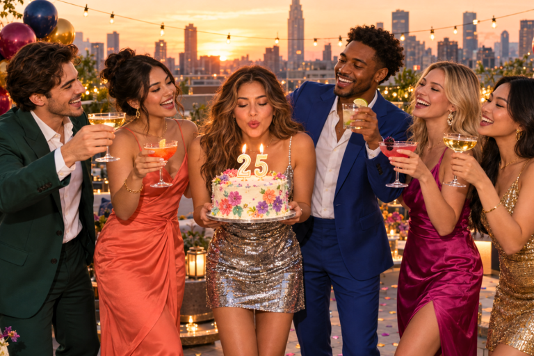 Woman in a silver dress preparing to blow out “25” candles while five friends toast her at a rooftop birthday party.