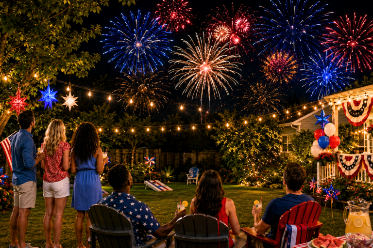 Six friends watch colorful Fourth of July fireworks from a brightly decorated backyard with American flags and string lights