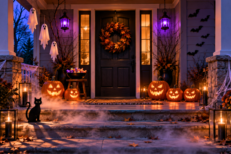Halloween front porch with five glowing jack-o’-lanterns, a bowl of colorful candy, hanging ghosts, purple lanterns, cobwebs, paper bats, and a decorative black cat in drifting fog.