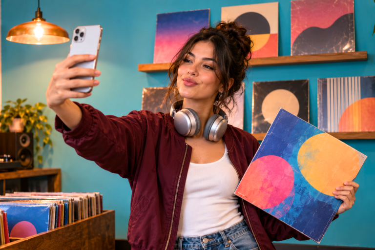 Young woman takes a selfie while holding a colorful vinyl record inside a vibrant record store.