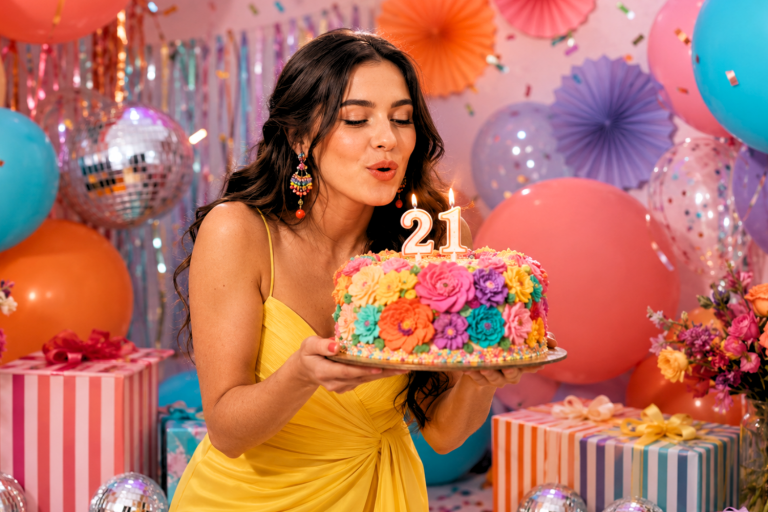 Young woman in a yellow dress holds a flower-covered cake and blows out 21 candles in a colorful, balloon-filled party room.