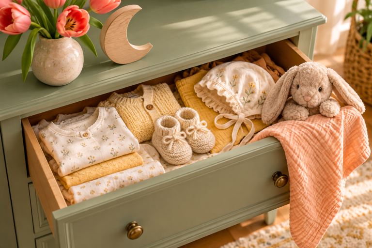 Tiny cream and yellow baby clothes, knitted booties, a bonnet, and a plush bunny in an open sage-green nursery drawer, with coral tulips above.