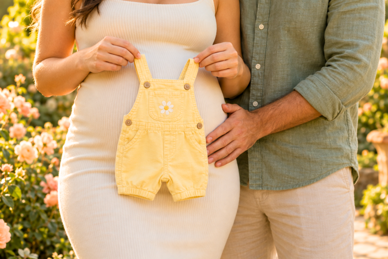 Expectant mother holding tiny yellow baby overalls with an embroidered daisy against her bump, with her partner’s hand resting at her waist.