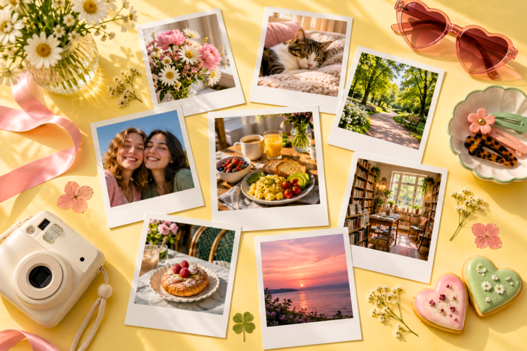 Instant photos of brunch, flowers, a sleeping cat, friends, and other weekend moments arranged with daisies and cookies on a yellow table.