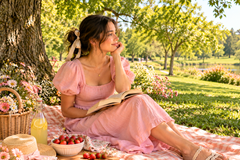 Young woman in a pink dress enjoying a picnic surrounded by flowers in a sunny park.
