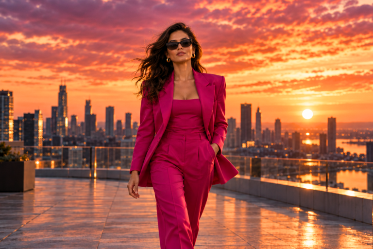 Woman in a fuchsia suit and sunglasses walking across a city rooftop at sunset.